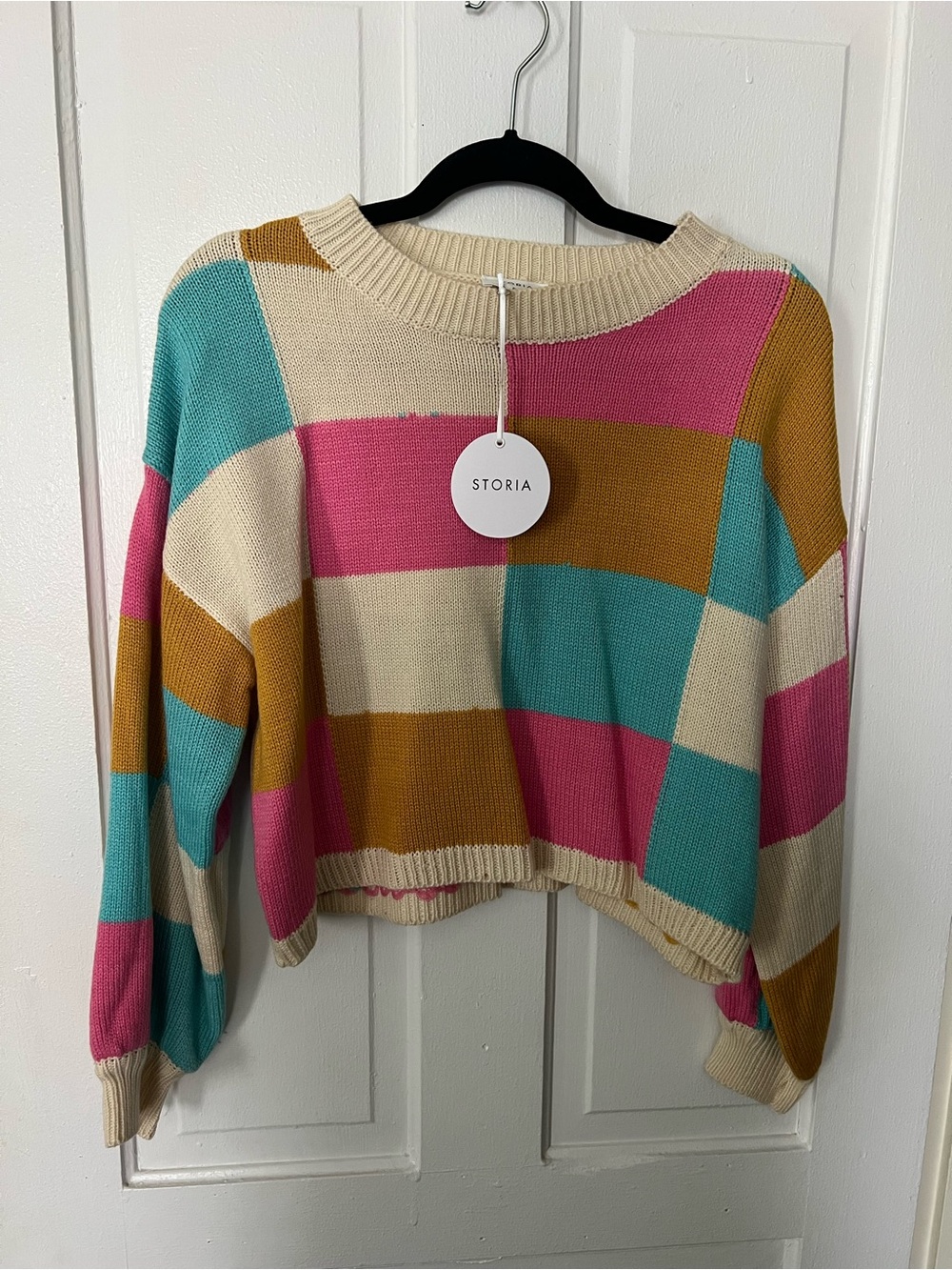 Storia Colorblock Crewneck Sweater in Cream, Pink, Teal & Mustard